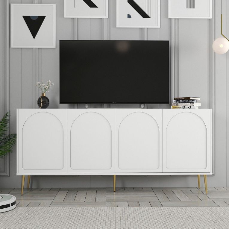 Credenza Bianco oro 2 Ripiani 4 Ante 180x35x80h cm, 4 Vani - Torno