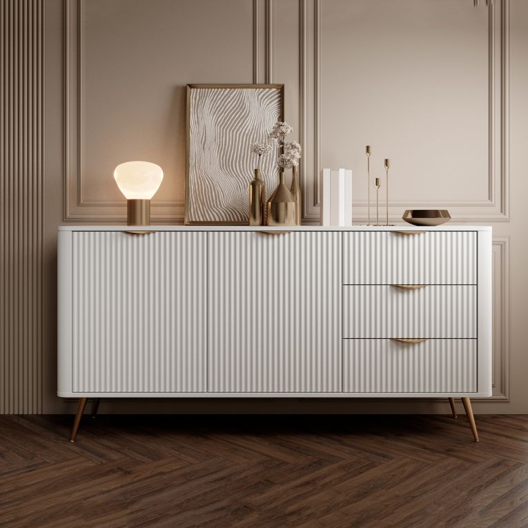 Credenza Bianco oro 3 Cassetti 2 Ripiani 163x38x81h cm, Apertura Battente, Scorrevole - Halilala