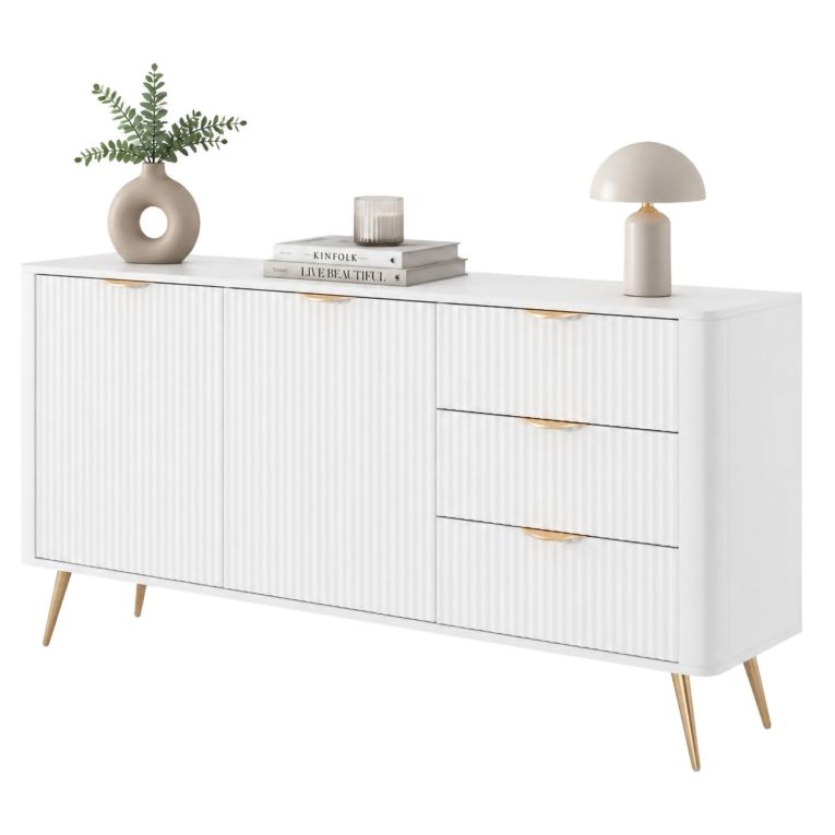 Credenza Bianco oro 3 Cassetti 2 Ripiani 163x38x81h cm, Apertura Battente, Scorrevole - Halilala