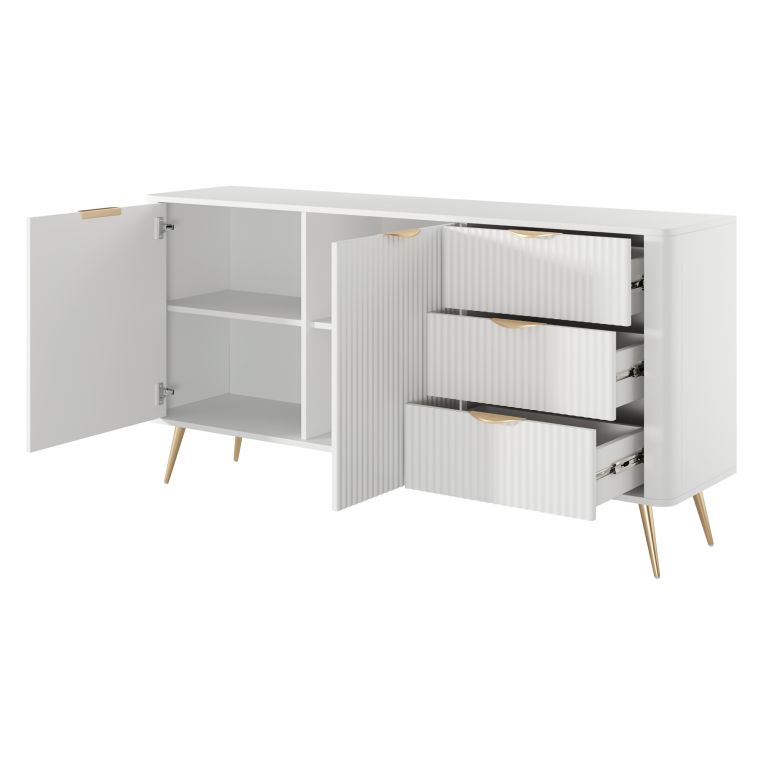 Credenza Bianco oro 3 Cassetti 2 Ripiani 163x38x81h cm, Apertura Battente, Scorrevole - Halilala
