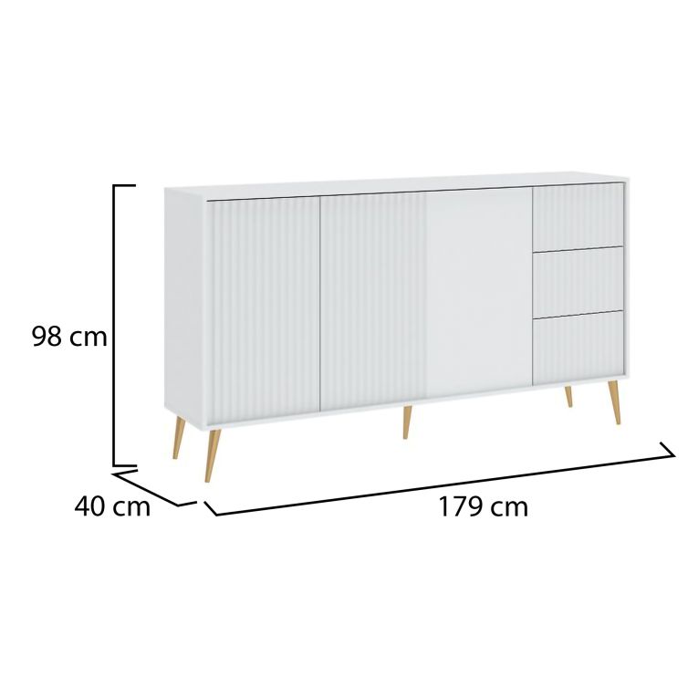 Credenza Bianco oro 3 Cassetti 2 Ripiani 179x40x98h cm, Apertura Battente, Scorrevole - Lenasi