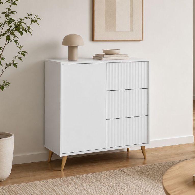 Credenza Bianco oro 3 Cassetti Apertura Battente, Scorrevole 91x40x98h cm, Un'anta - Lemihapa