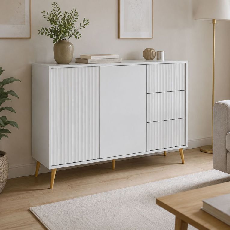 Credenza Bianco oro 3 Cassetti un Ripiano 135x40x98h cm, Apertura Battente, Scorrevole - Lemosato