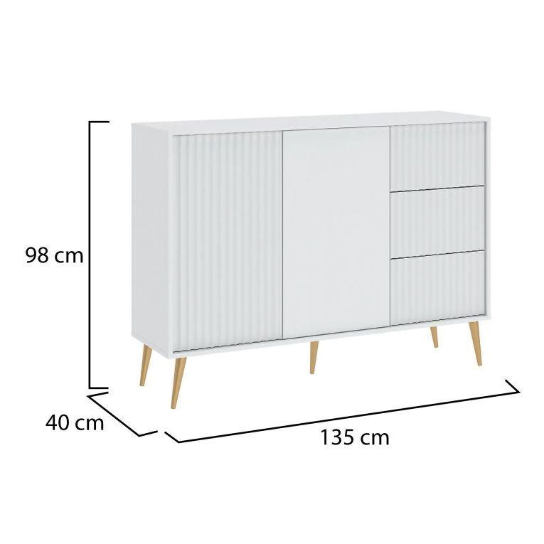 Credenza Bianco oro 3 Cassetti un Ripiano 135x40x98h cm, Apertura Battente, Scorrevole - Lemosato