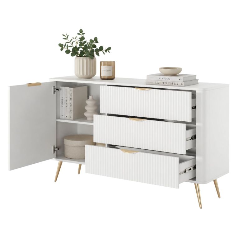 Credenza Bianco oro 3 Cassetti un Ripiano 138x38x81h cm, Apertura Battente, Scorrevole - Halilomo