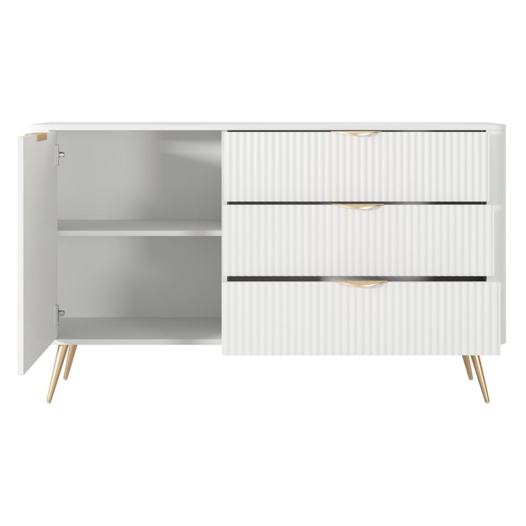 Credenza Bianco oro 3 Cassetti un Ripiano 138x38x81h cm, Apertura Battente, Scorrevole - Halilomo