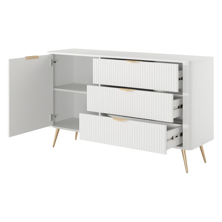 Credenza Bianco oro 3 Cassetti un Ripiano 138x38x81h cm, Apertura Battente, Scorrevole - Halilomo