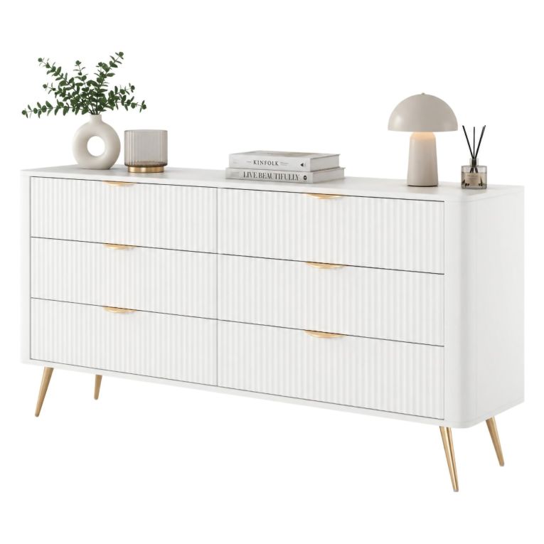 Credenza Bianco oro 6 Cassetti un Ripiano 163x38x81h cm, Apertura Scorrevole - Hali