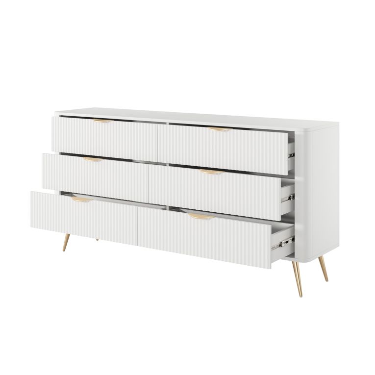 Credenza Bianco oro 6 Cassetti un Ripiano 163x38x81h cm, Apertura Scorrevole - Hali