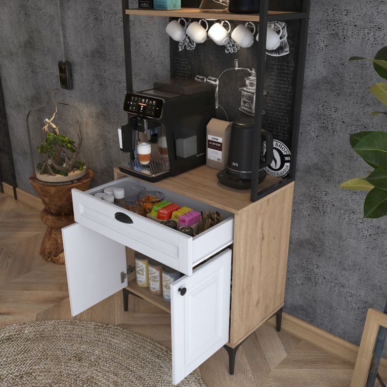 Credenza Bianco Rovere Marrone un Cassetto un Ripiano 70x40x186h cm, Apertura Battente, Scorrevole - Nemoli