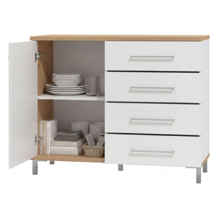 Credenza Bianco Rovere Nodi Marrone 4 Cassetti un Ripiano 108x40x87h cm, Apertura Battente e Scorrevole - Procopio
