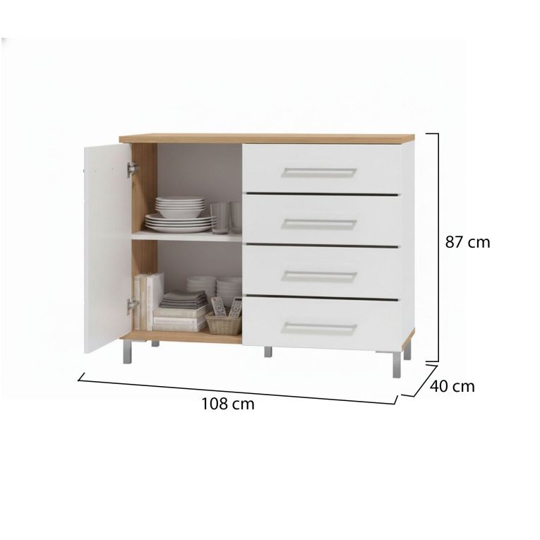 Credenza Bianco Rovere Nodi Marrone 4 Cassetti un Ripiano 108x40x87h cm, Apertura Battente e Scorrevole - Procopio