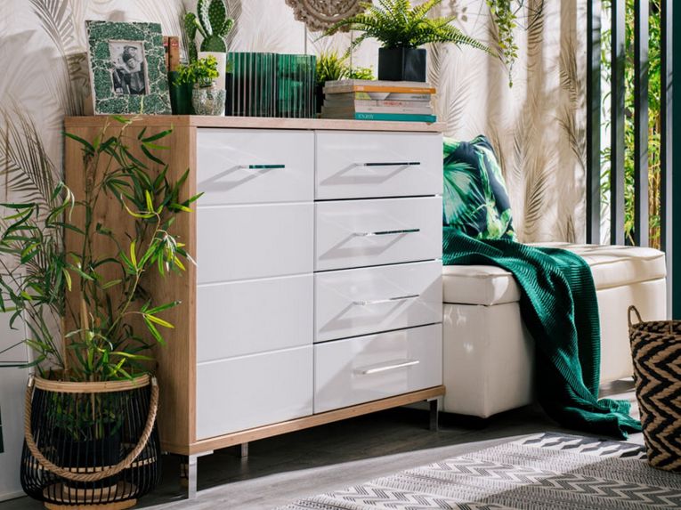 Credenza Bianco Rovere Nodi Marrone 4 Cassetti un Ripiano 108x40x87h cm, Apertura Battente e Scorrevole - Procopio