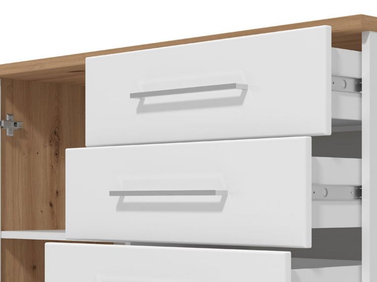 Credenza Bianco Rovere Nodi Marrone 4 Cassetti un Ripiano 108x40x87h cm, Apertura Battente e Scorrevole - Procopio