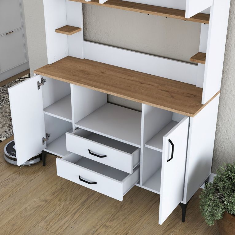 Credenza Biano Marrone 4 Ripiani 2 Cassetti 120x40x184h cm, 6 Ante - Mairag