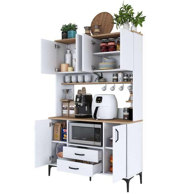 Credenza Biano Marrone 4 Ripiani 2 Cassetti 120x40x184h cm, 6 Ante - Mairag