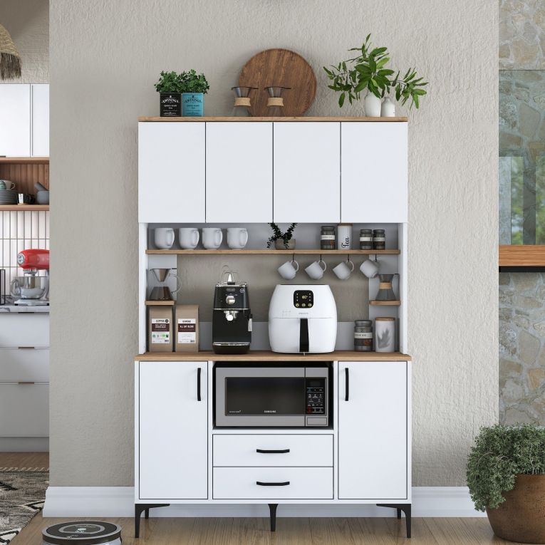 Credenza Biano Marrone 4 Ripiani 2 Cassetti 120x40x184h cm, 6 Ante - Mairag