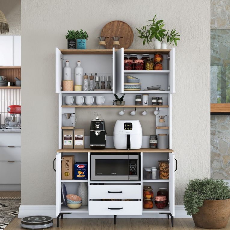 Credenza Biano Marrone 4 Ripiani 2 Cassetti 120x40x184h cm, 6 Ante - Mairag