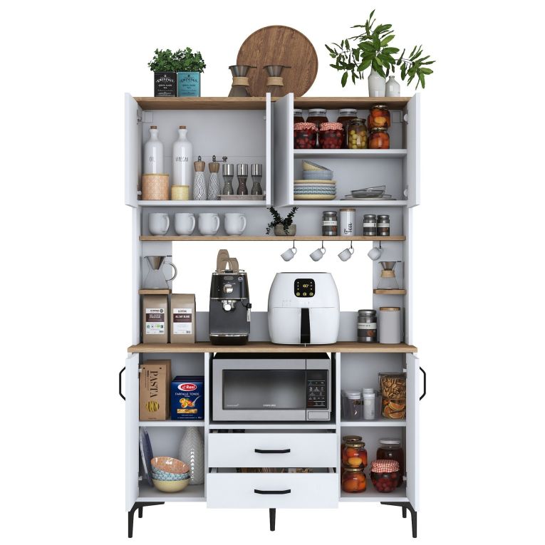 Credenza Biano Marrone 4 Ripiani 2 Cassetti 120x40x184h cm, 6 Ante - Mairag