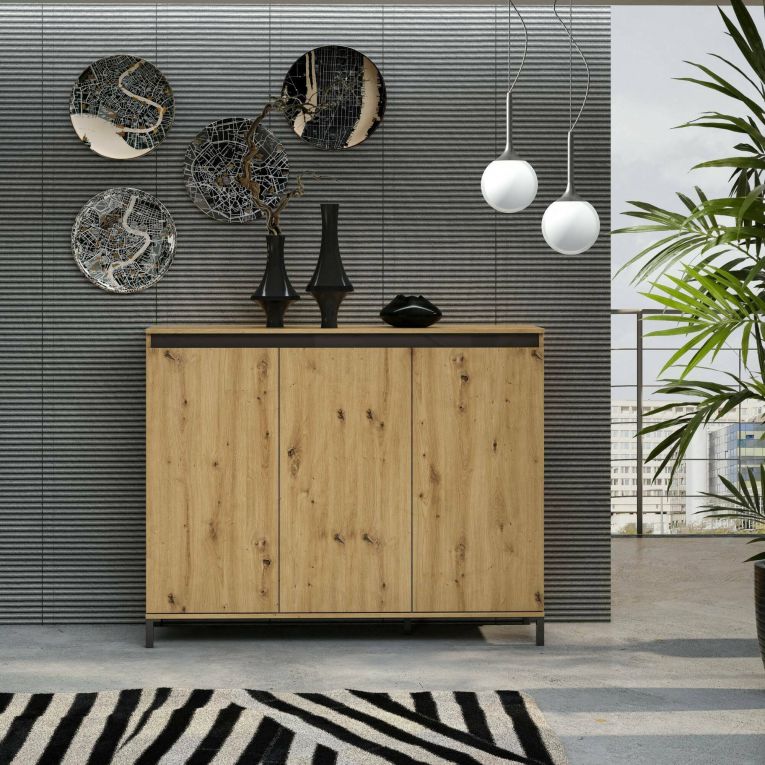 Credenza Bloemfontein, Buffet da soggiorno, Madia da salotto, Dispensa da cucina, Made in Italy, 138x110h40 cm, Bianco lucido e Antracite