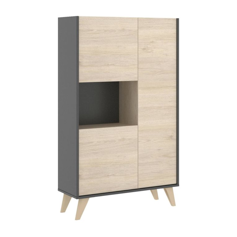 Credenza Boario, Buffet alto da soggiorno, Madia moderna da salotto a 3 ante, 81x43h135 cm, Rovere e Antracite