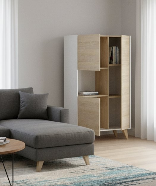Credenza Boario, Buffet alto da soggiorno, Madia moderna da salotto a 3 ante, 81x43h135 cm, Rovere e Bianco