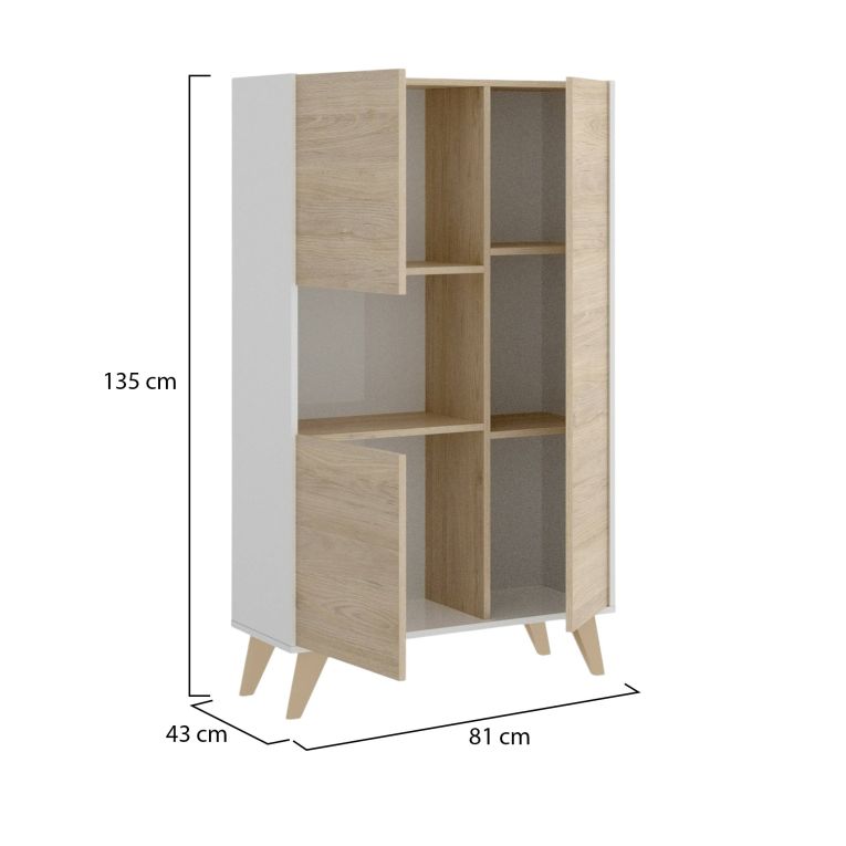 Credenza Boario, Buffet alto da soggiorno, Madia moderna da salotto a 3 ante, 81x43h135 cm, Rovere e Bianco