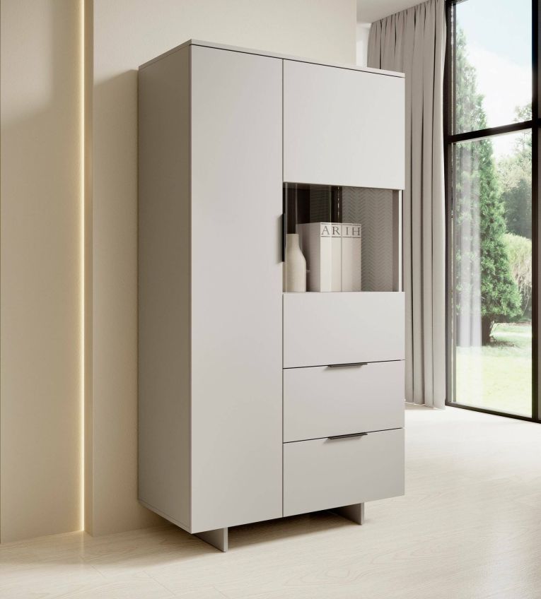 Credenza Braga, Madia da salotto con due ante battenti e due cassetti, Rialzato da terra, 90x42 h170 cm, Beige