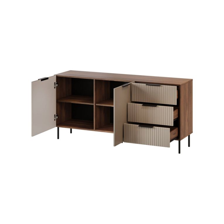 Credenza Braganza, Madia da salotto con due ante battenti e tre cassetti, Rialzato da terra, 156x42 h75 cm, Noce e Beige