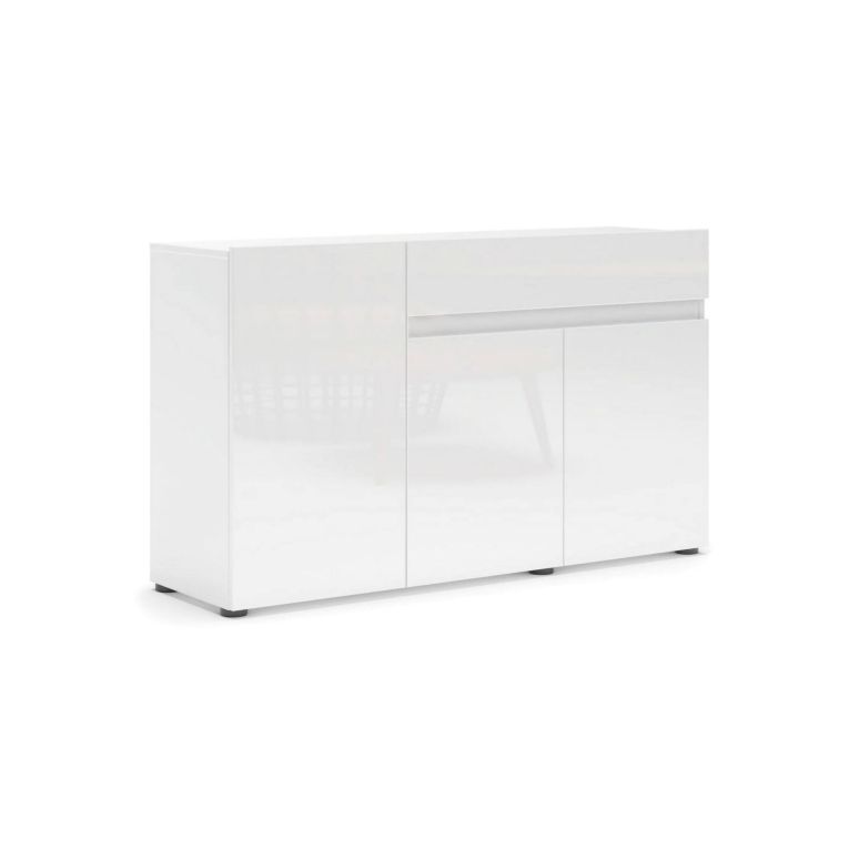 Credenza Brits, Buffet da soggiorno, Madia da salotto, Dispensa da cucina, Made in Italy, 135x38h79 cm, Bianco lucido