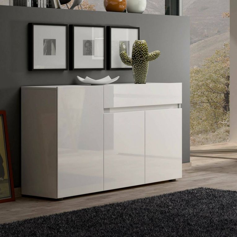 Credenza Brits, Buffet da soggiorno, Madia da salotto, Dispensa da cucina, Made in Italy, 135x38h79 cm, Bianco lucido