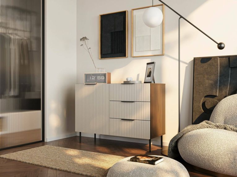 Credenza Canico, Madia da salotto con un'anta battente e tre cassetti, Rialzato da terra, 104x42 h75 cm, Noce e Beige