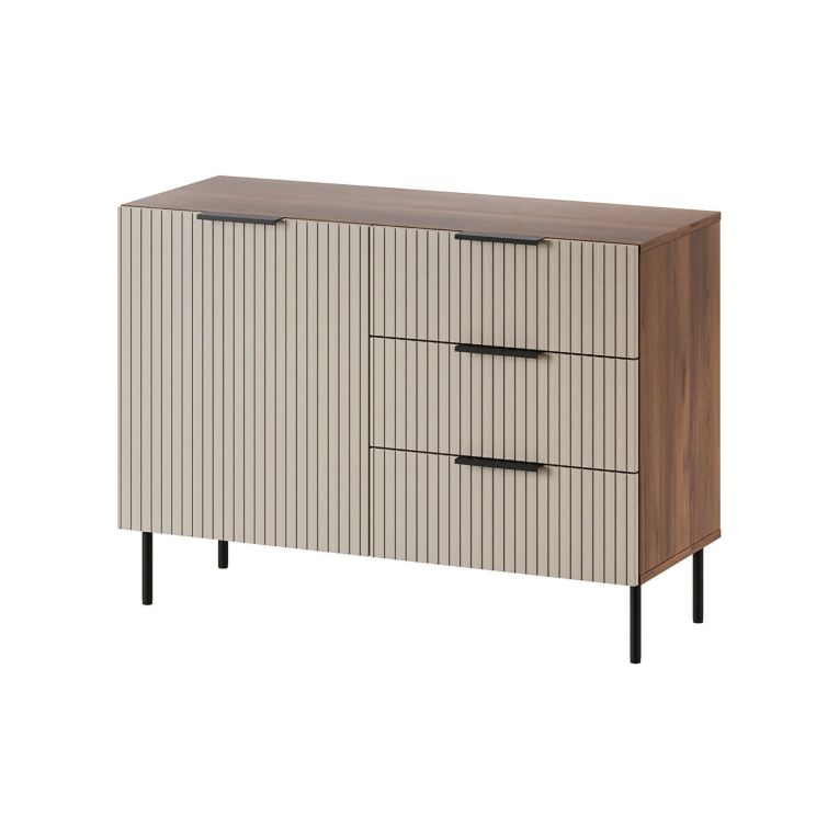 Credenza Canico, Madia da salotto con un'anta battente e tre cassetti, Rialzato da terra, 104x42 h75 cm, Noce e Beige