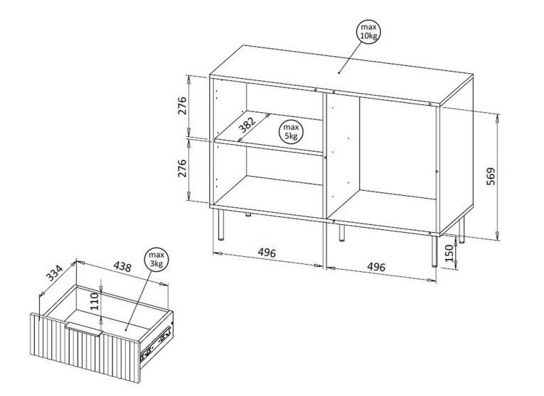 Credenza Canico, Madia da salotto con un'anta battente e tre cassetti, Rialzato da terra, 104x42 h75 cm, Noce e Beige