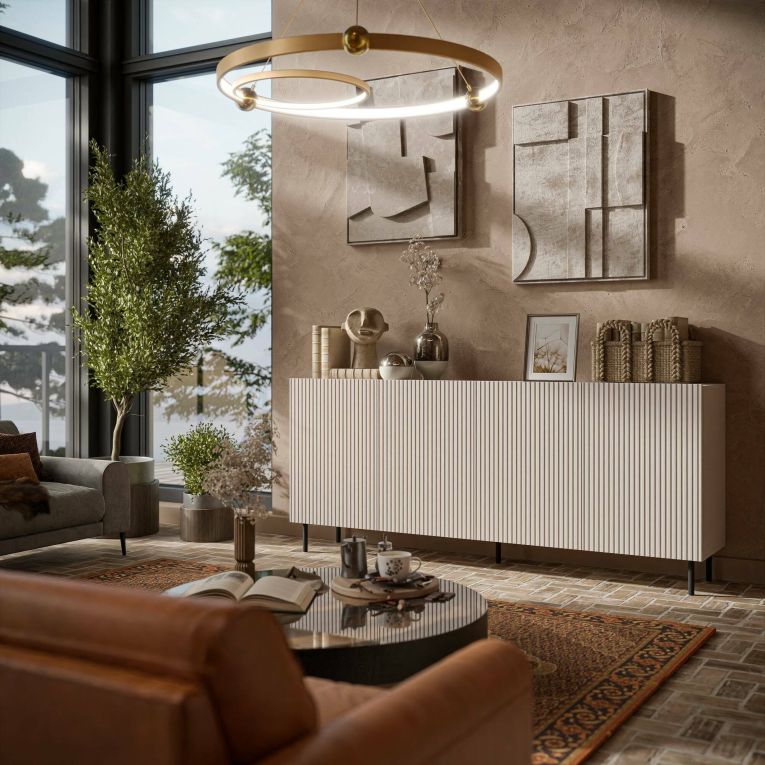 Credenza Cantanhede, Madia da salotto con quattro ante battenti, Rialzato da terra, 200x42 h82 cm, Beige