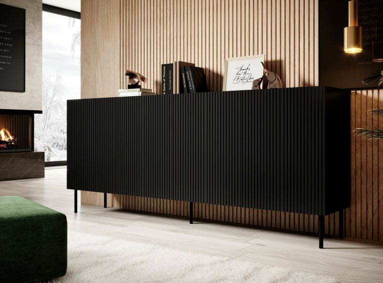 Credenza Cantanhede, Madia da salotto con quattro ante battenti, Rialzato da terra, 200x42 h82 cm, Nero