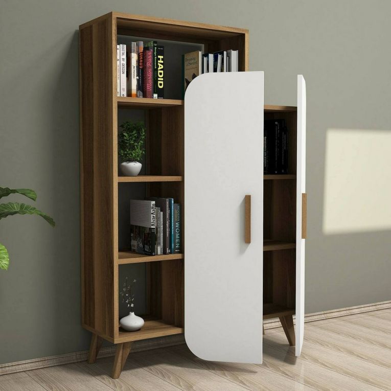 Credenza Capella, Buffet da soggiorno, Madia da salotto, Dispensa moderna da cucina, 90x32h132 cm, Noce e Bianco