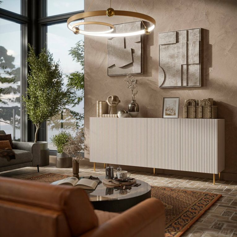 Credenza Cartaxo, Madia da salotto con quattro ante battenti, Rialzato da terra, 200x42 h82 cm, Beige