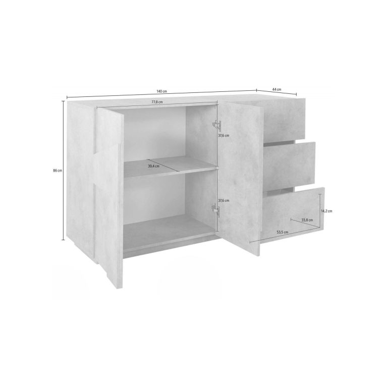 Credenza cemento 142x44x86h cm 2 ante e 3 cassetti - Aydee