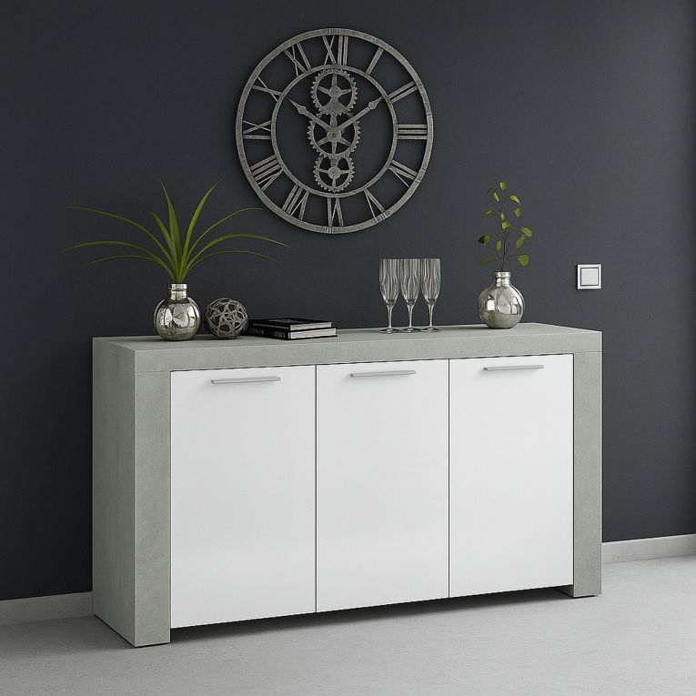 Credenza cemento e bianca porta bicchieri 144x42x80h cm 3 ante - Amaculi