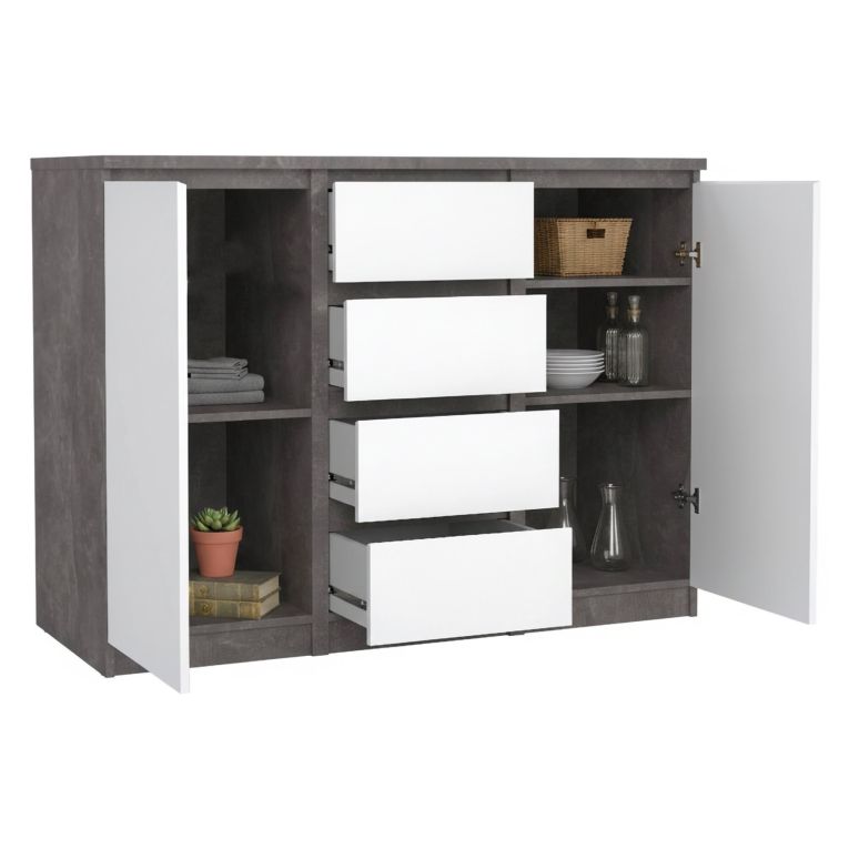 Credenza cemento e bianco lucida 120x50x90h cm 2 ante e 4 cassetti - Angelika