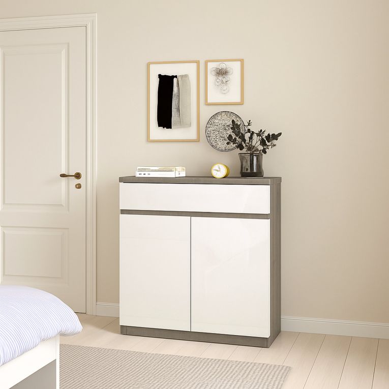 Credenza cemento e bianco lucida 80x40x100h cm 2 ante e 1 cassetto - Genziana
