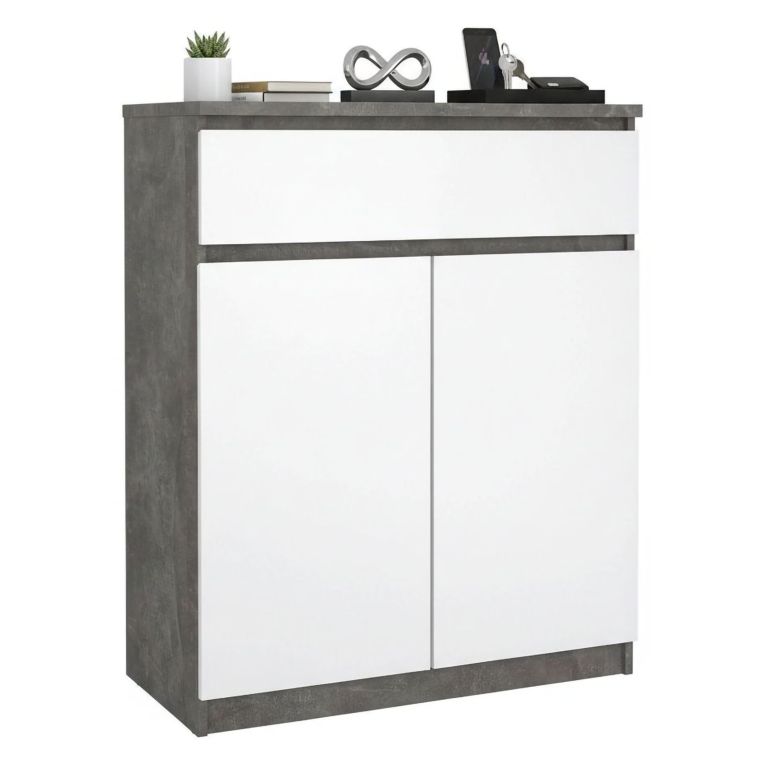 Credenza cemento e bianco lucida 80x40x100h cm 2 ante e 1 cassetto - Genziana