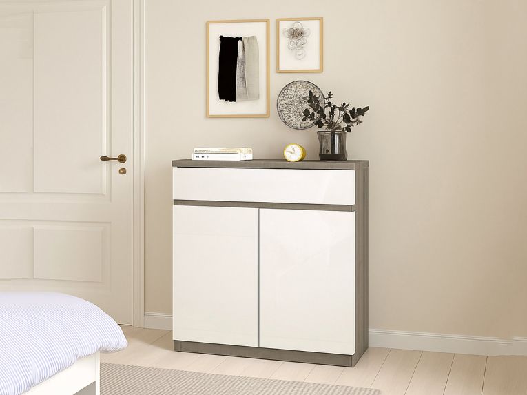 Credenza cemento e bianco lucida 80x40x100h cm 2 ante e 1 cassetto - Genziana