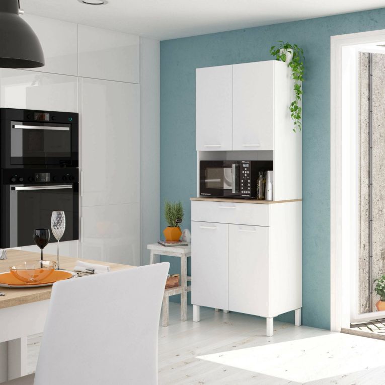 Credenza- Chandler, Mobile ausiliario da cucina, Credenza a 4 ante e 1 cassetto con ripiani, Armadio aperto, 72x40h186 cm, Bianco e Rovere