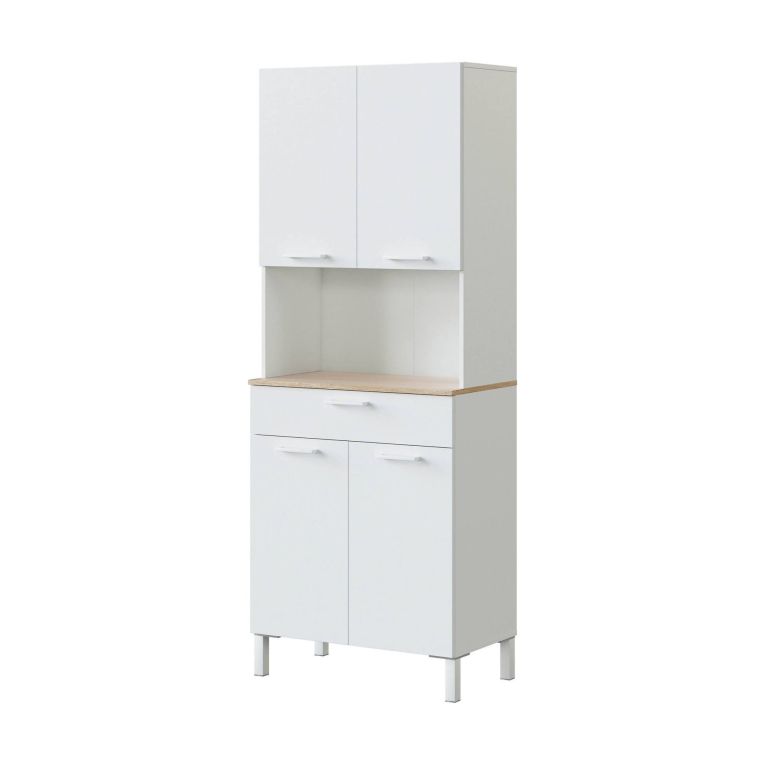 Credenza- Chandler, Mobile ausiliario da cucina, Credenza a 4 ante e 1 cassetto con ripiani, Armadio aperto, 72x40h186 cm, Bianco e Rovere