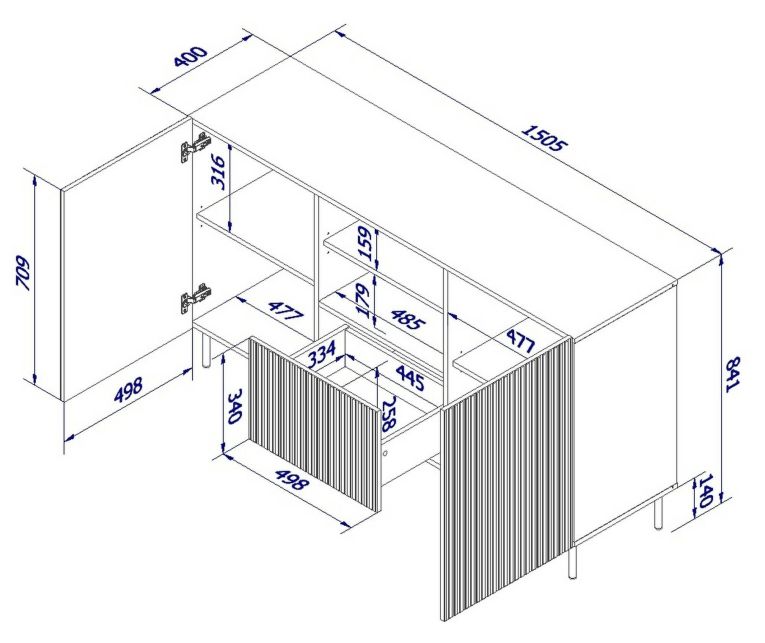 Credenza Chaves, Madia da salotto con due ante battenti, un cassetto e due vani aperti, Design con effetto cannettato, 150x42 h82 cm, Nero