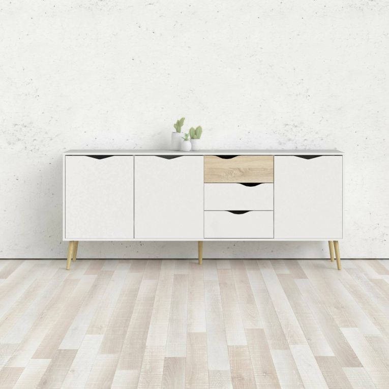 Credenza Claudette, Buffet da soggiorno, Madia da salotto, Dispensa da cucina, 195x39 h81 cm, Bianco e Quercia