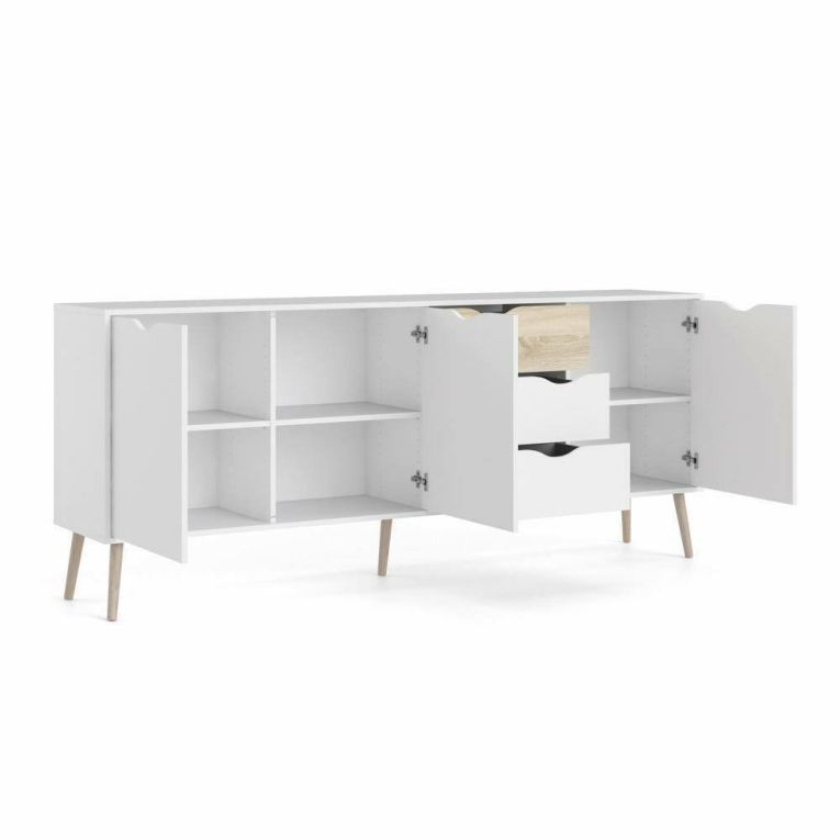 Credenza Claudette, Buffet da soggiorno, Madia da salotto, Dispensa da cucina, 195x39 h81 cm, Bianco e Quercia