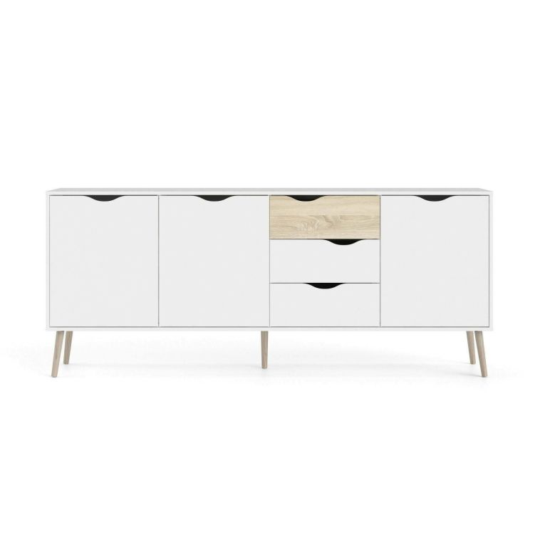 Credenza Claudette, Buffet da soggiorno, Madia da salotto, Dispensa da cucina, 195x39 h81 cm, Bianco e Quercia
